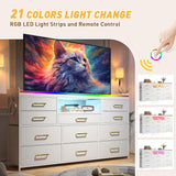 EnHomee Dresser for Bedroom with 11 Drawers for 60" TV Stand for Bedroom with LED Lights & Charging Station Long Dresser with Shelves & 4 Hooks Sturdy Metal Frame & Fabric Drawers (White) EnHomee
