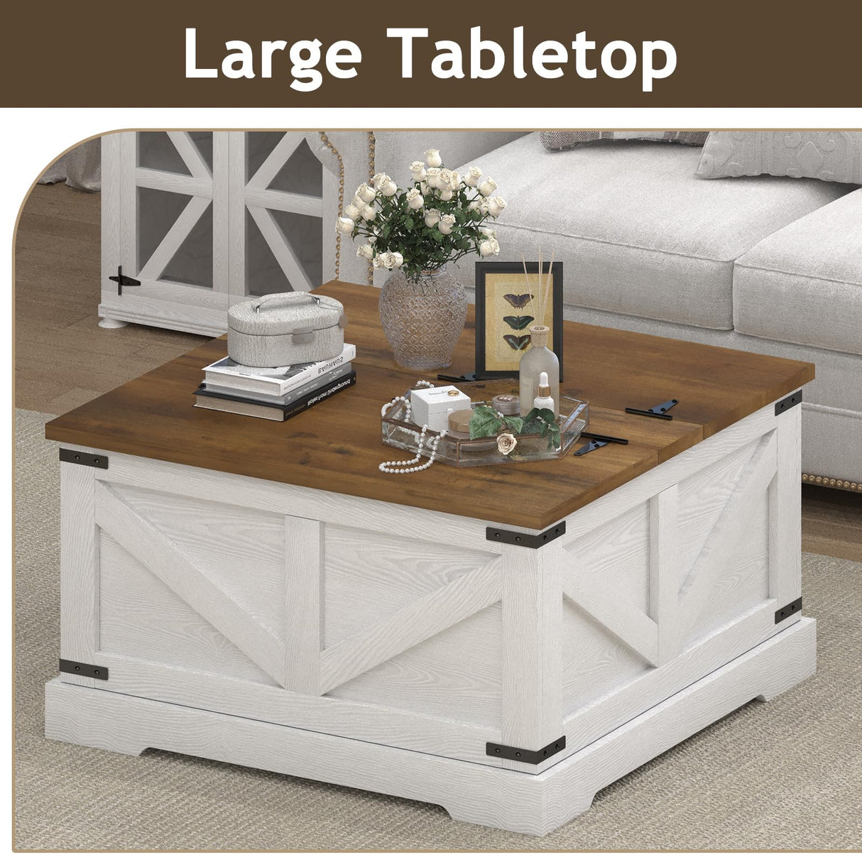 REVOMINCA Farmhouse Coffee Table with Hidden Storage Compartment, White Square Coffee Table for Living Room, Wood Center Table with Hinged Lifting Tabletop for Home REVOMINCA