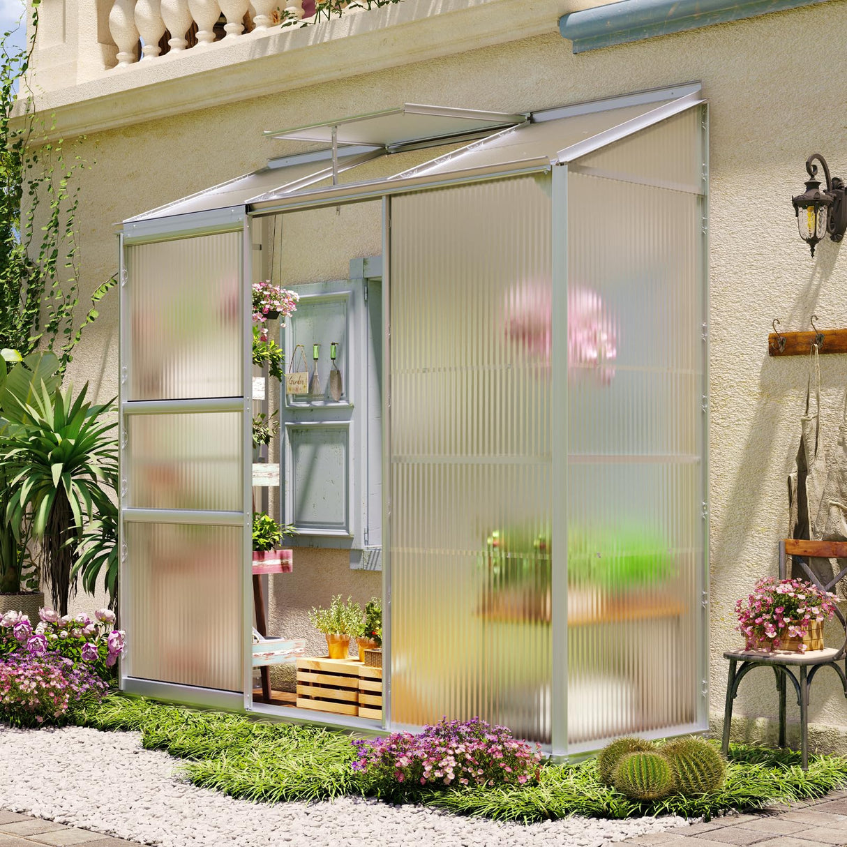 Showellgard 6x2ft Lean-to Polycarbonate Greenhouse, Small Walk-in Greenhouse, with Adjustable Roof Vent, Rain Gutter and Sliding Door, Outdoor Greenhouse for Terrace, Backyard GreenHouse 6'x2' Showellgard