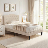 VECELO Twin Size Platform Bed Frame with Fabric Upholstered Headboard and Wooden Slats Support, No Box Spring Needed/Easy Assembly,Beige VECELO