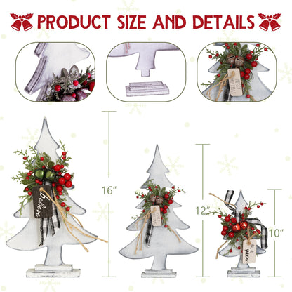 Set of 3 Wooden Christmas Tree Decor with Jute Jingle, Farmhouse Festive Decorations for Home, Christmas Table Decor with Rectangular Base (White)