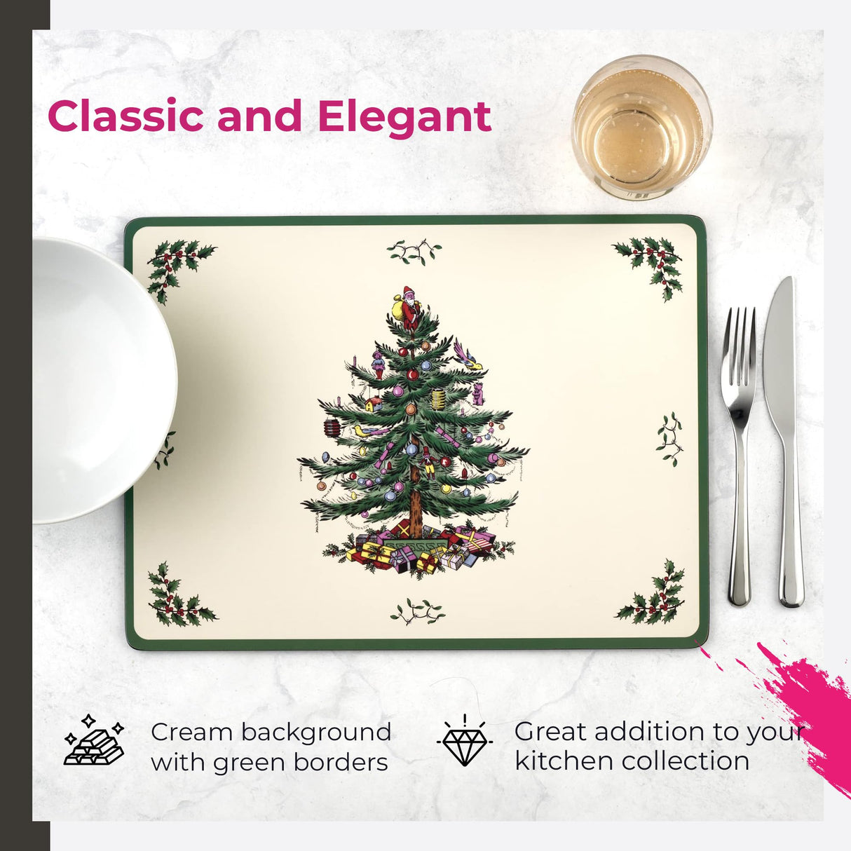 Portmeirion Christmas Tree Placemats, Set of 4 - Cork-Backed Heat Resistant Placemats for Dining Table - Hard Board with Christmas Tree Design, Stain Resistant and Durable (15.7" x 11.7") Portmeirion
