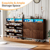 VINGLI Fluted Shoe Cabinet Storage for Entryway,Hidden Shoes Storage Cabinet with 4 Flip Drawers, Mid Century Modern Shoe Rack with LED Light,Shoes Organizer with Cubby for Hallway(Dark Walnut) VINGLI