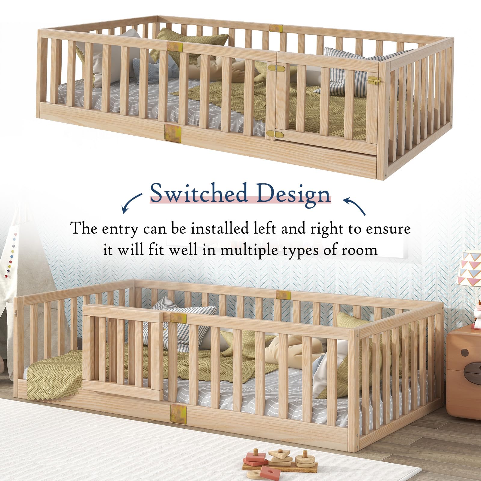 Tatub Montessori Twin Floor Bed with Safety Guardrails - Versatile Nature Wood Frame - WoodArtSupply