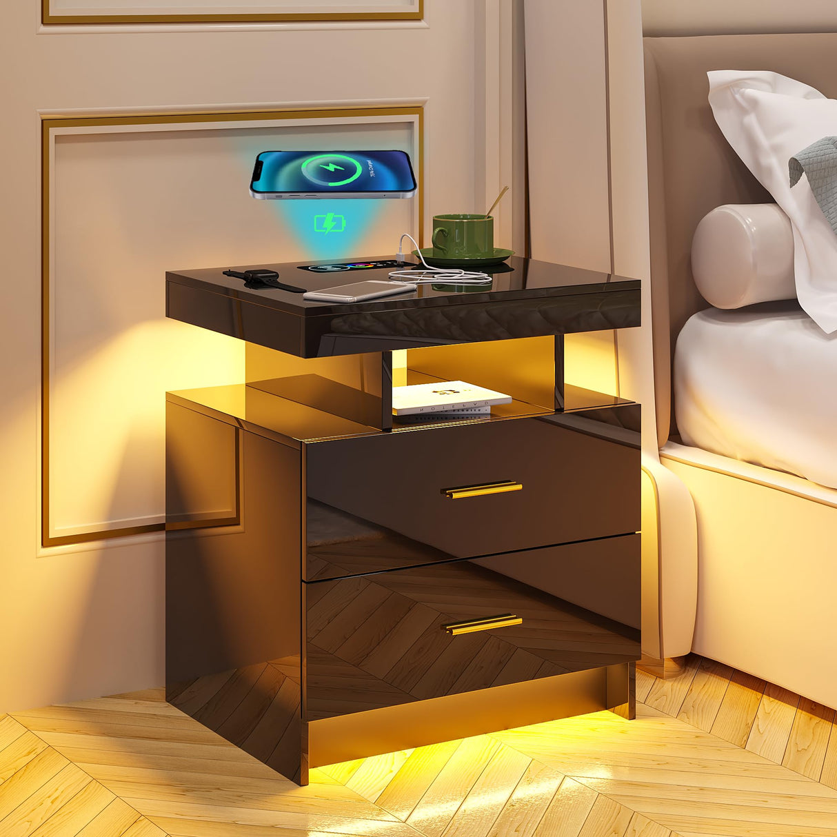 HNEBC LED Nightstand, RGB Black Night Stand with USB/Wireless Charging Station, Modern Bedside Table has Auto Sensor RGB Lights, End Side Table with 2 Drawer for Bedroom Furniture, Black HNEBC