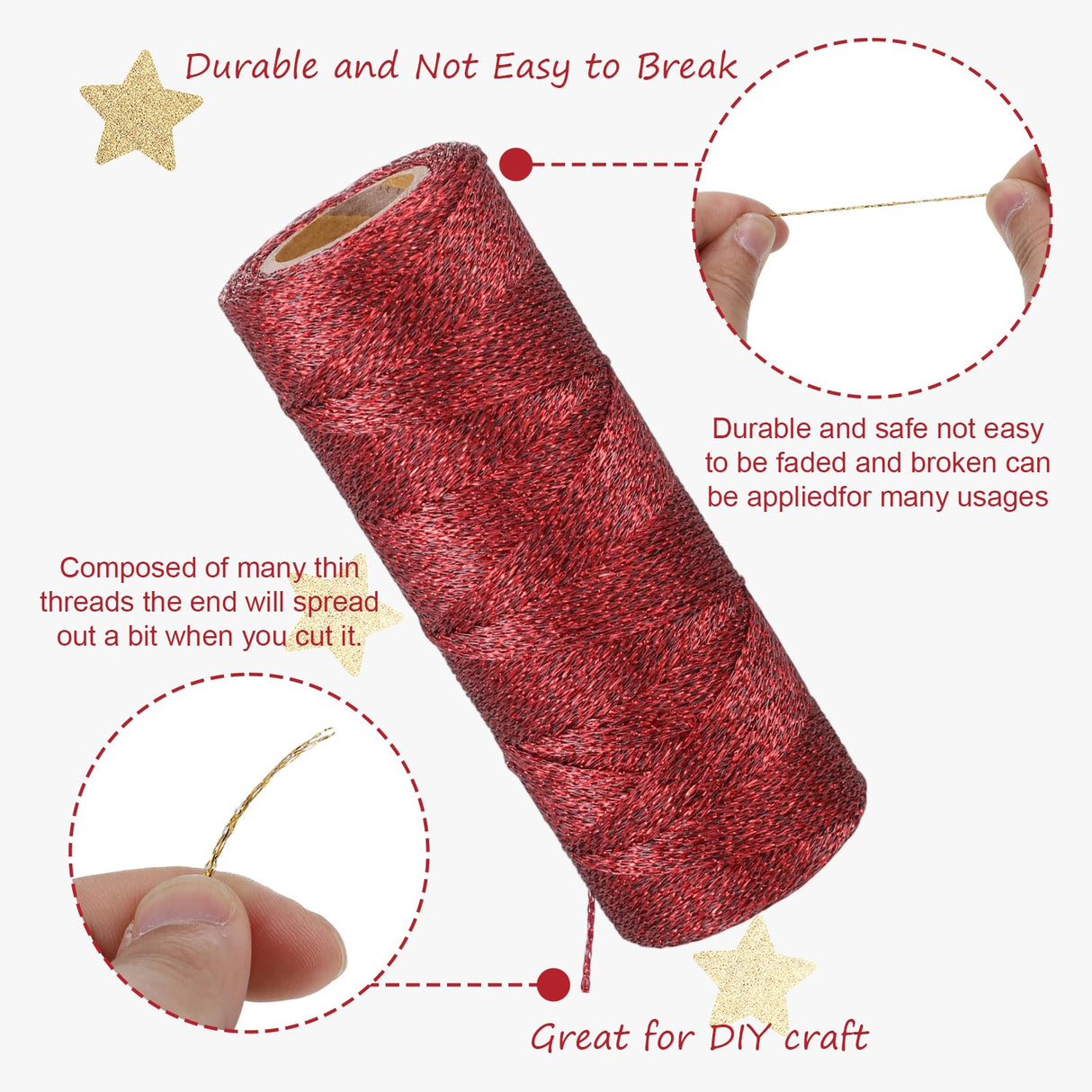 3 Rolls Christmas Decorative String Metallic Bakers String Wrapping Twine Strings Metallic Ornament Thread Glitter Strings for DIY Crafting Christmas Decor Gift Wrapping-Red/Gold/Silver DSLSQD