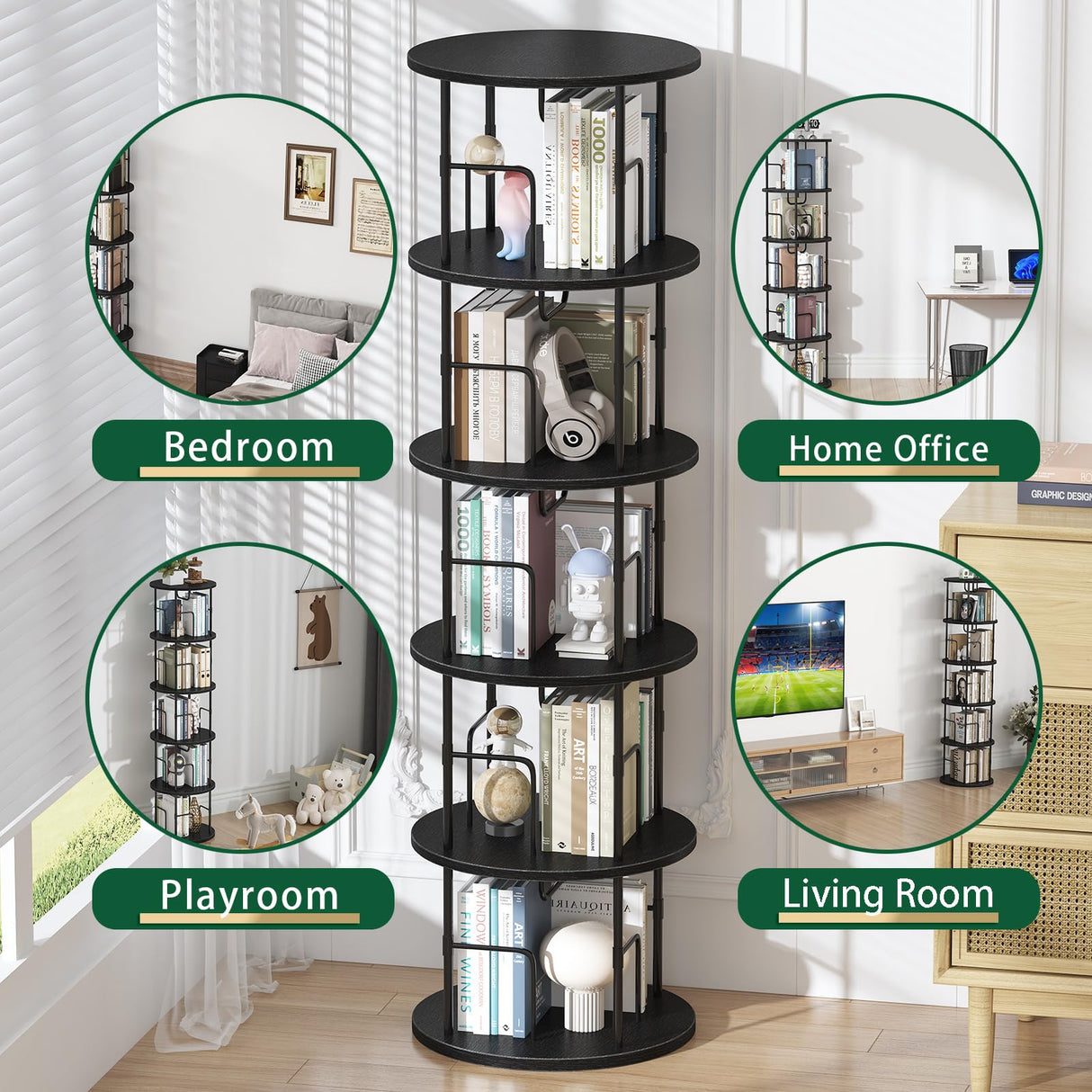 5Tier Rotating Bookshelf, 360 ° Display Stackable Spinning Bookshelf Tower, Narrow Space Saving Tall Floor Standing Swivel Bookcase Corner Storage Organizer for Bedroom/Living Room/Office，Black swlongbooks