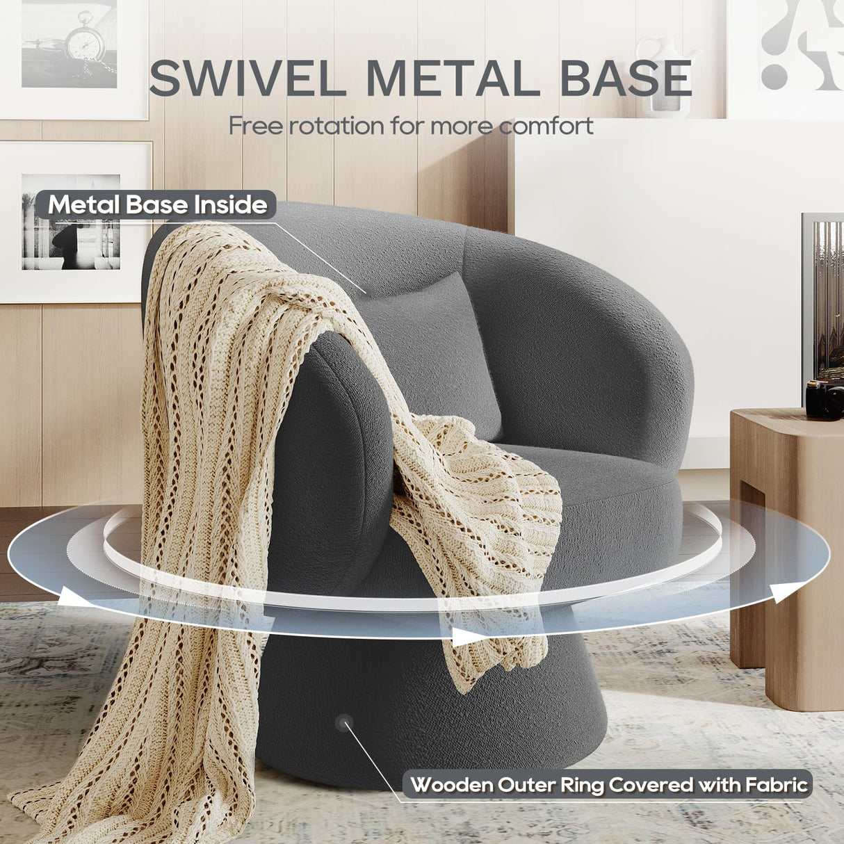 Swivel Accent Chair, Modern Upholstered Barrel Chair with 360° Swivel, Soft Teddy Fabric & Extra Lumbar Pillow, Stylish Round Accent Chair for Living Room, Bedroom, Nursery – Darkgrey,2PC COLAMY