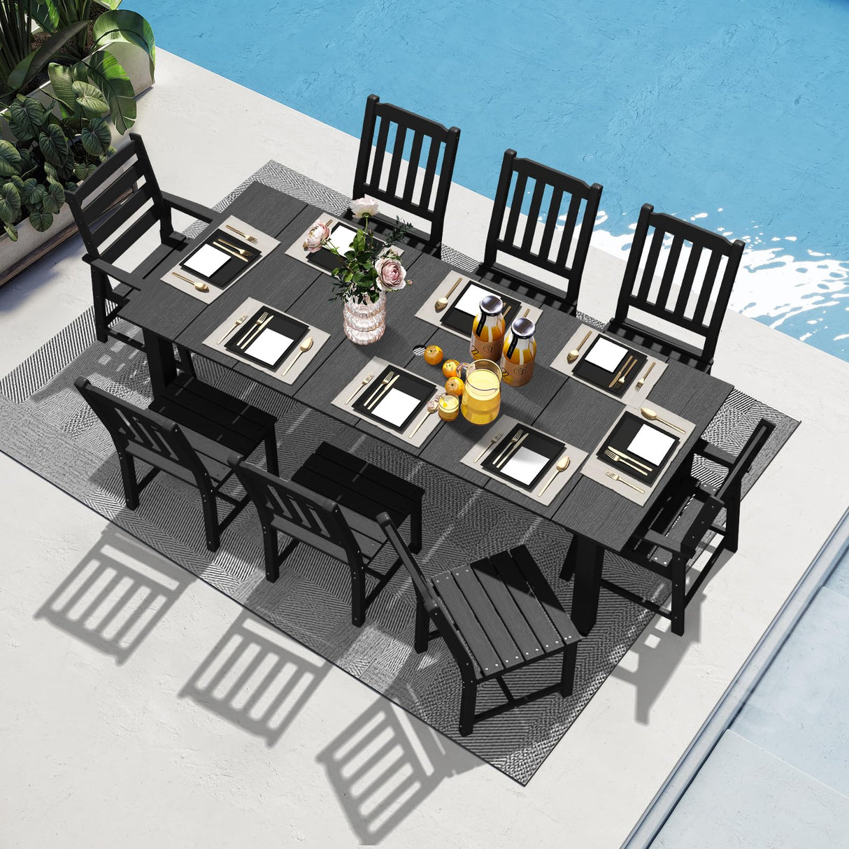 LOUNZY 9 Pieces Patio Dining Sets, Outdoor HDPE Furniture Set for 8 w/ 2" Hole Cut-Out Dining Table with 8 Patio Chairs(2 W/Armrest, 6 w/o Armrest), Black LOUNZY