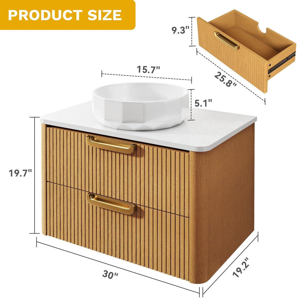 YITAHOME 30 Inch Floating Bathroom Vanity with Sink, Wall-Mounted Vanity with Engineered White Stone Top, 2 Large Storage Drawers with Faceted Ceramic Basin, Wood Grain Texture, Light Walnut YITAHOME