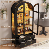LVSOMT 71" Tall Arched Storage Cabinet with Glass Doors and Drawers, Curio Display Cabinet with Adjustable LED Light & Human Sensor, 4-Tier China Cabinet for Living Room(Black+Wood) LVSOMT