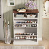 Maupvit Shoe Cabinet with 2 Flip Drawers, Shoe Storage Cabinet for Entryway, Freestanding Shoe Organizer with Open Storage, Farmhouse Narrow Shoe Rack with Wooden Legs for Foyer, Hallway,Antique White Maupvit