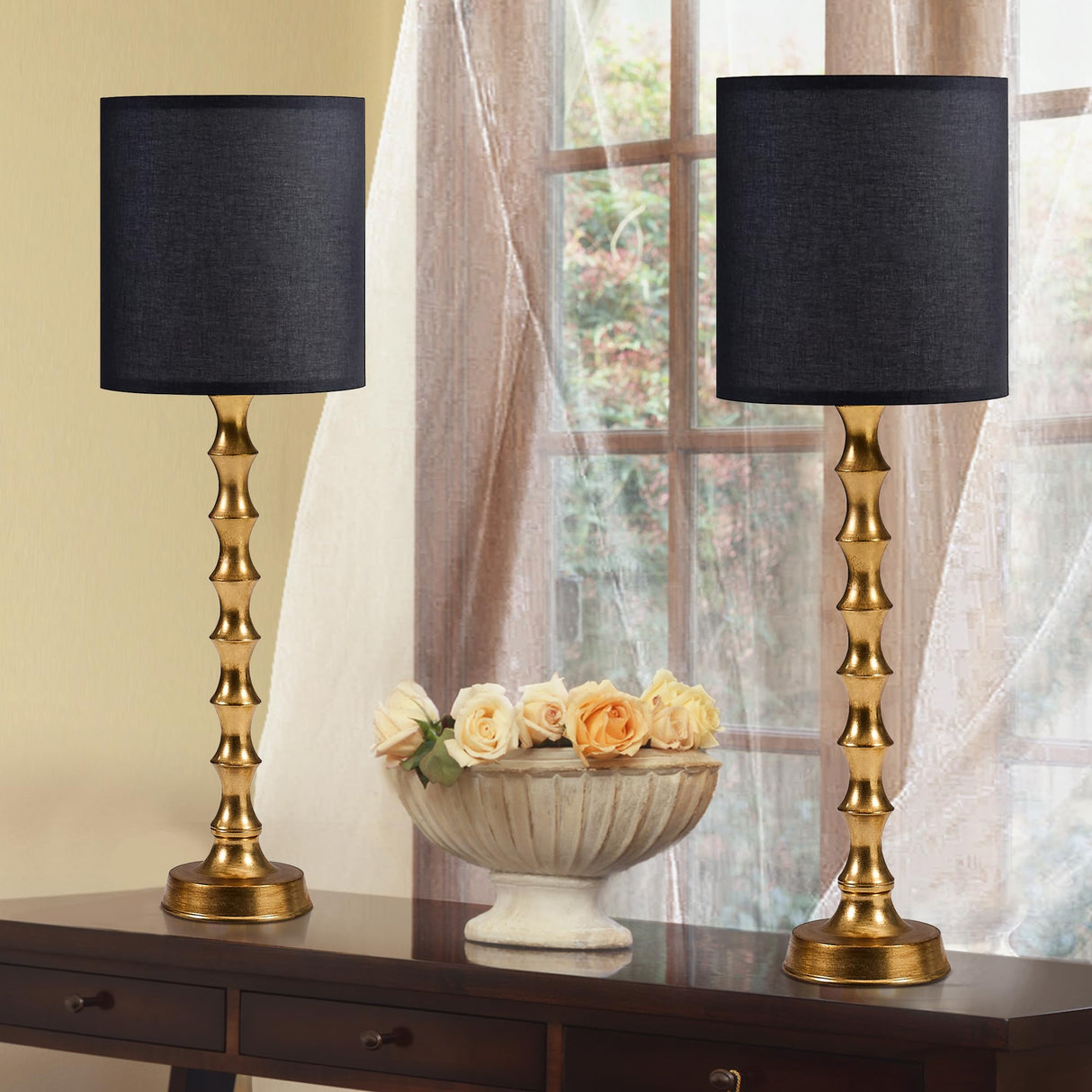 EUO 30.5" Gold Buffet Lamps Set of 2 with Black Shade, Buffet Table Lamps Set of 2 for Living Room, Black Gold Lamps for Dining Room, Gold Bamboo Lamps for Credenza, Black/Gold EUO