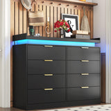 knoworld 8 Drawer Dressers for Bedroom, Black Dresser with LED Lights and Power Outlet, Modern Large Dresser Wooden Long Dresser, Double Wide Dresser for Bedroom, Living Room, Entryway, Hallway knoworld