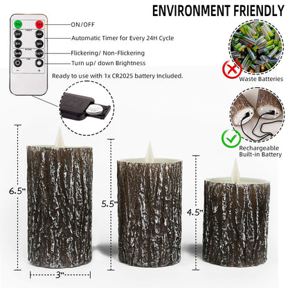 NICEME Rechargeable LED Pine Bark Flameless Candles with Timer Remote USB Cable, Brown Real Wax USB Candles Flickering Fireplace Cabin Decor Electric Fake Battery Pillar Bark Candles, D 3”×H  - WoodArtSupply