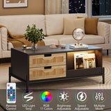 GAOMON Modern Coffee Table, 39.4" Rectangular Coffee Table with Nature Rattan Drawers and Storage Shelves, Funky Center Table with Led Lights, Black Cocktail Table for Living Room Apartment GAOMON