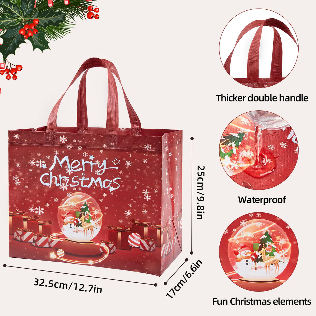 YANGTE 8 Pack Christmas Gift Bags with Handles, Large Non-Woven Tote Bags for Wrapping Xmas Party Favors, 12.8"x9.8"x6.7 YANGTE