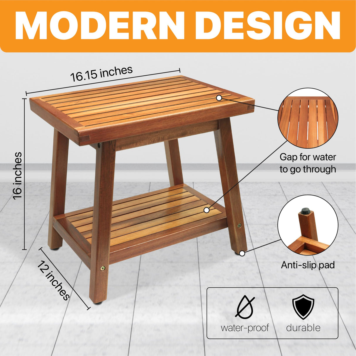 ENKEZI Shower Stool Bench Chair Waterproof with Storage Shelf for Shaving Legs, Spa, Bath Seat, Inside Shower Bench for Adults Seniors Elderly, Outdoor Side Table, Patio, Pool, End Table (16 Inches) ENKEZI