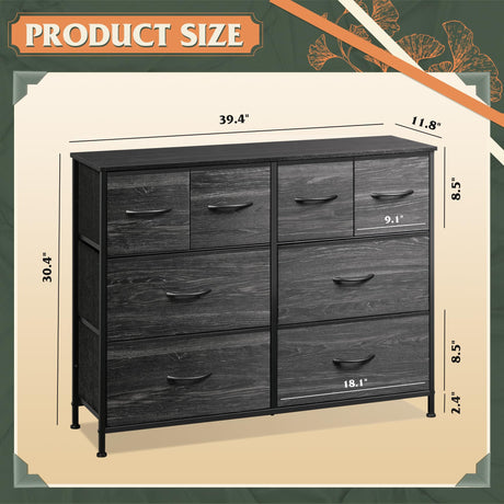 WLIVE Dresser for Bedroom with 8 Drawers, Wide Fabric Dresser for Storage and Organization, Bedroom Dresser, Chest of Drawers for Living Room, Closet, Hallway, Charcoal Black Wood Grain Print WLIVE