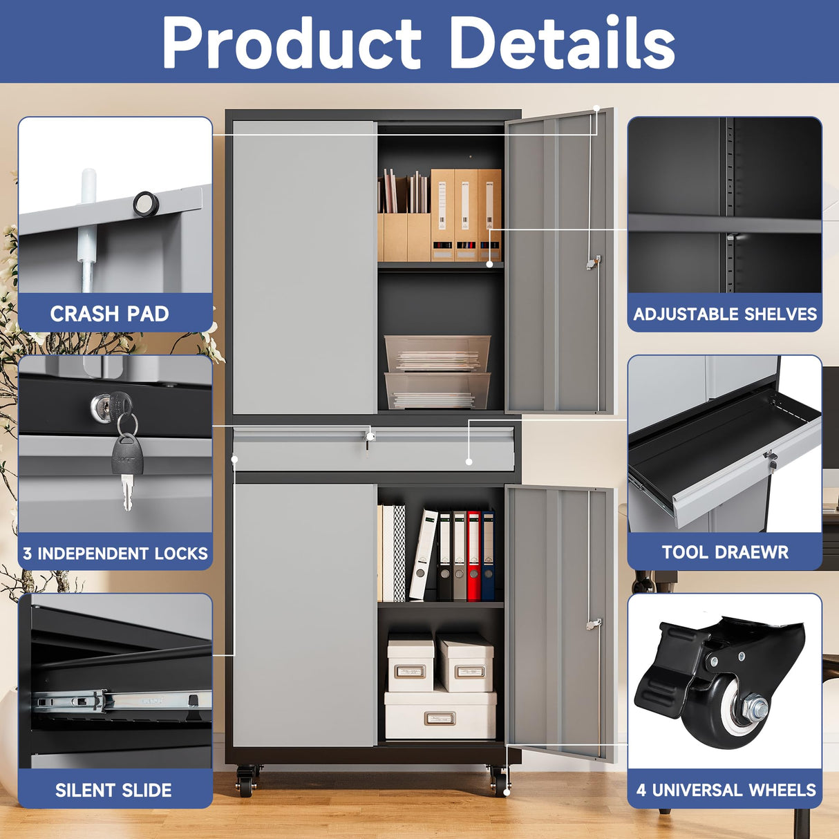 Anxxsu Metal Garage Storage Cabinet with Wheels, 73" Lockable Storage Cabinet with 2 Adjustable Shelves and 1 Drawer for Garage, Utility Room, Warehouse (Black Grey) Anxxsu