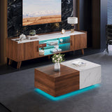 Svimi Modern Lift Top Coffee Table & 65" TV Stand Set of 2, Extendable LED Entertainment Center with Power Outlets/Hidden Storage(Walnut Brown & White Coffee Table + Walnut Brown TV Stand) Svimi