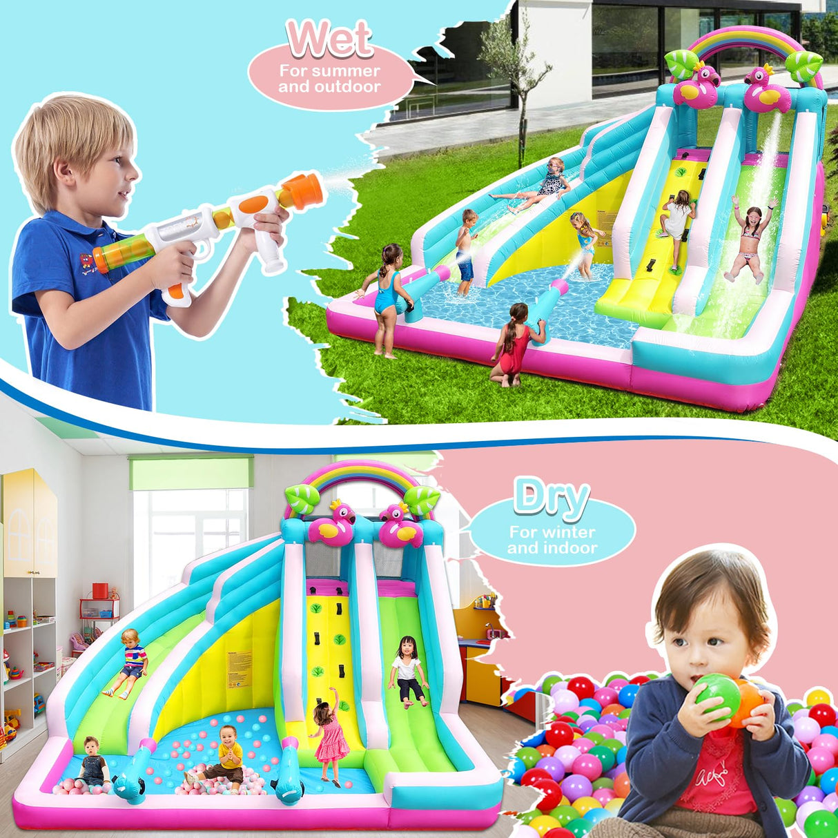 Inflatable Water Slide, 6 in 1 Blow Up Water Park Aged 3-12, Flamingo Style Water Bounce House with Double Long Slides, Splash Pool, 580W Blower Waterslide for Kids and Adults Backyard HEMOPOW
