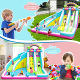 Inflatable Water Slide, 6 in 1 Blow Up Water Park Aged 3-12, Flamingo Style Water Bounce House with Double Long Slides, Splash Pool, 580W Blower Waterslide for Kids and Adults Backyard HEMOPOW