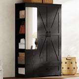 LIKIMIO Armoire Wardrobe Closet 70 Inches, Large Storage with Mirror, 2 Doors, Drawer, and Shelves, Modern Bedroom Freestanding Wooden Wardrobe Combination with Hanging Rail, Black LIKIMIO