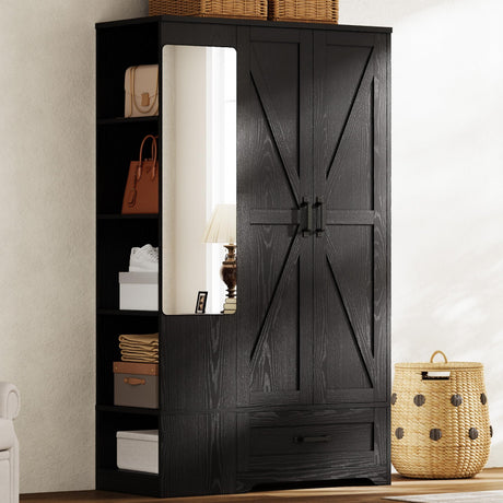 LIKIMIO Armoire Wardrobe Closet 70 Inches, Large Storage with Mirror, 2 Doors, Drawer, and Shelves, Modern Bedroom Freestanding Wooden Wardrobe Combination with Hanging Rail, Black LIKIMIO