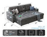 AMERLIFE 84 Inch Pull Out Couch Bed, Sofa Bed with Storage Chaise, L Shaped Sleeper Sofa with 2 USB Sockets & Cup Holders- Dark Grey AMERLIFE