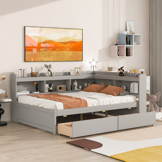 JIVOIT Full Size Captain Platform Bed with L-Shaped Bookcases and Dual Storage Drawers in Gray - WoodArtSupply