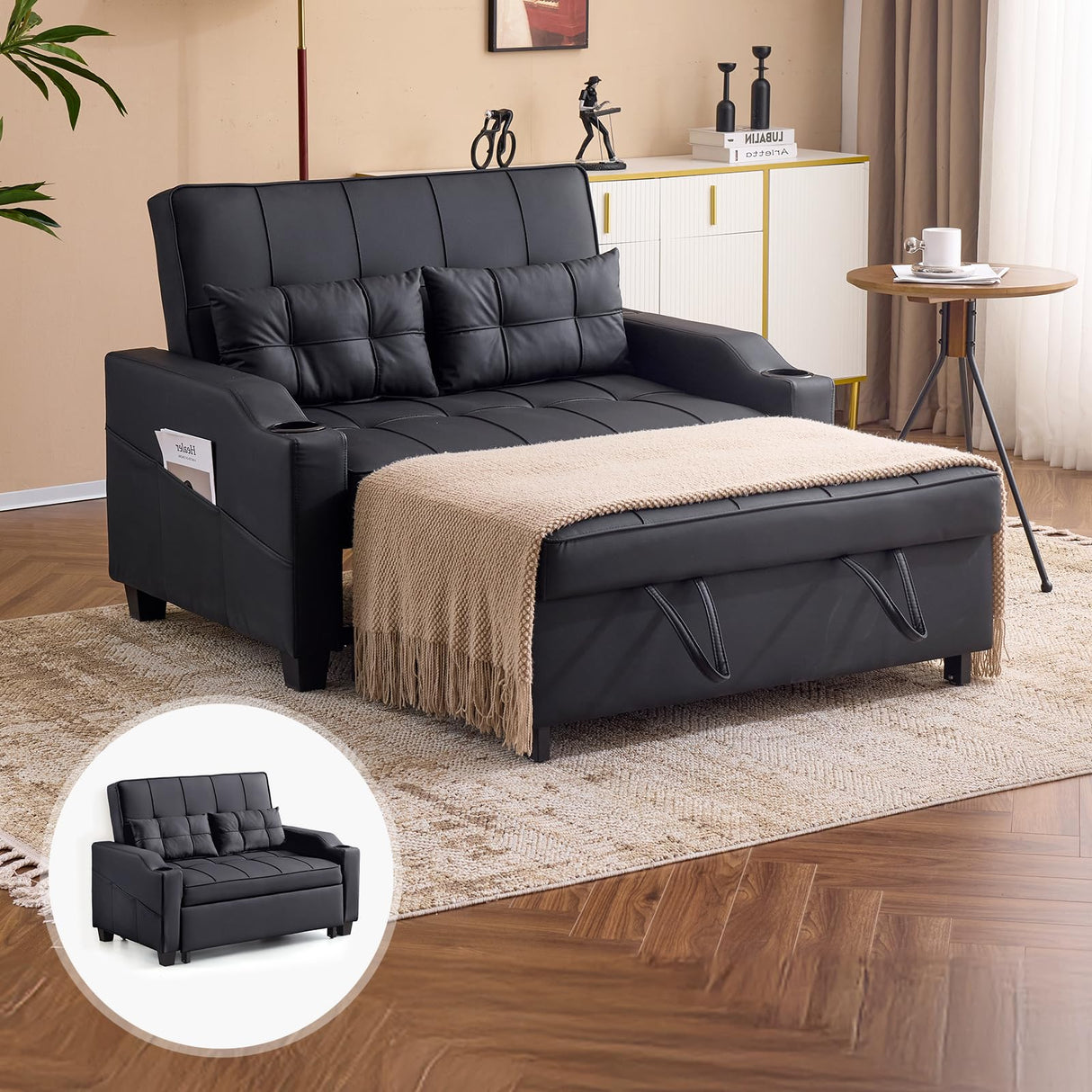 VINGLI Black Futon Sofa Bed Convertible Loveseat Sleeper Couch, Faux Leather Pullout Sofa Fold Out Couch Bed with USB Ports, Cup Holders, Armrest for Living Room, Bedroom Apartment Room VINGLI