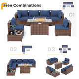 UDPATIO Outdoor Patio Furniture Set with Fire Pit Table, 8 Piece Outdoor Sectional Sofas, All-Weather Wicker Patio Conversation Set for Garden, Backyard Navy Blue UDPATIO