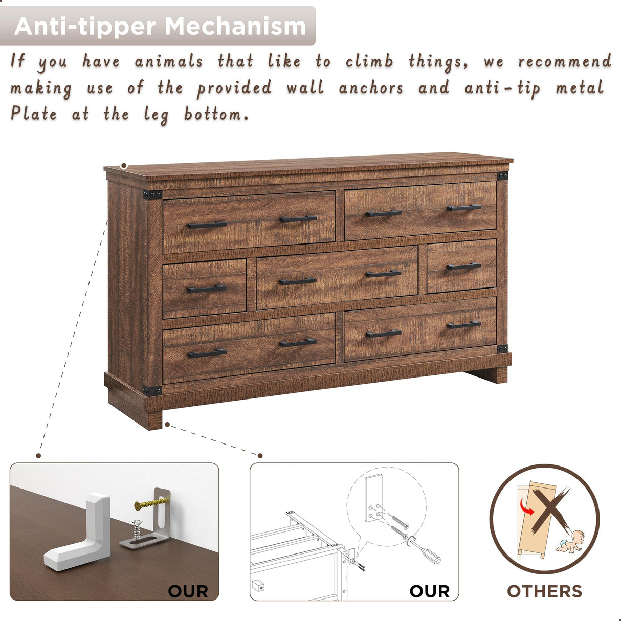 T4TREAM Farmhouse 7 Drawers Dresser for Bedroom, 54" Wide Wood Chest of Drawers w/Natural Texture & Metal Handle, Rustic Storage Dressers Organizer for Living Room, Hallway, Reclaimed Barnwood T4TREAM