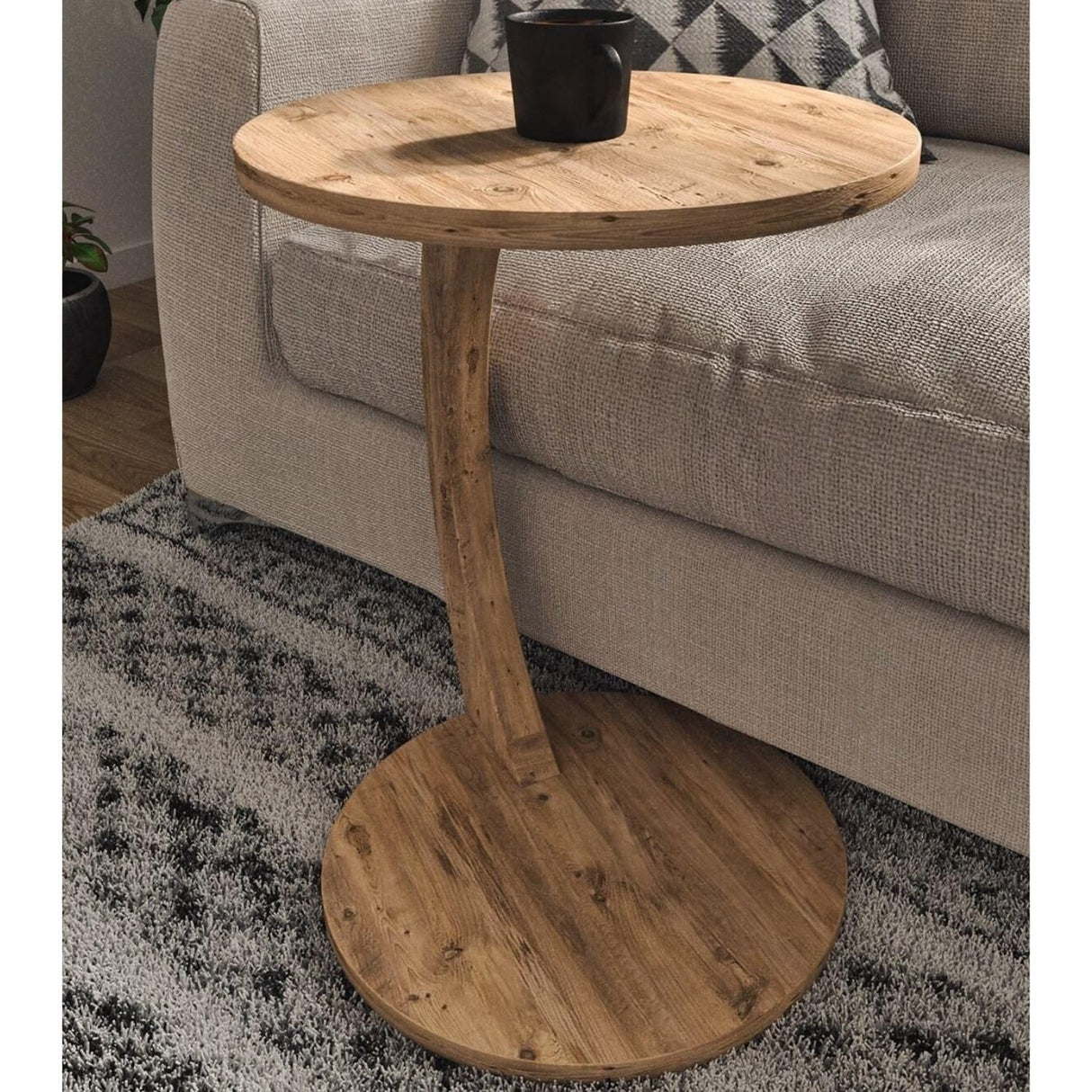Furpinea C Shaped End Table for Couch Small Places, Space Saver Round Side Table for Sofa and Bedside with Wheels, Coffee and Eating Snack Time Tray for Living Room, Office (Natural) Furpinea