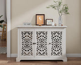 LKTART 44" Sideboard Buffet Cabinet, Farmhouse Accent Storage with 3 Hollow Carved Doors for Living/Dining Room,Kitchen Antique White LKTART
