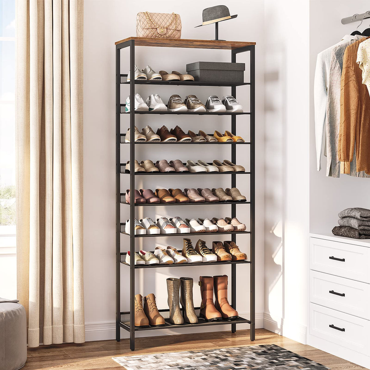 HOOBRO 10-Tier Shoe Rack, Large Capacity Shoe Shelf, Shoe Storage Organizer for 30-40 Pairs of Shoes, Front Door Entrance, Entryway, Hallway, Closet, Space Saver, Rustic Brown and Black BF110XJ01 HOOBRO