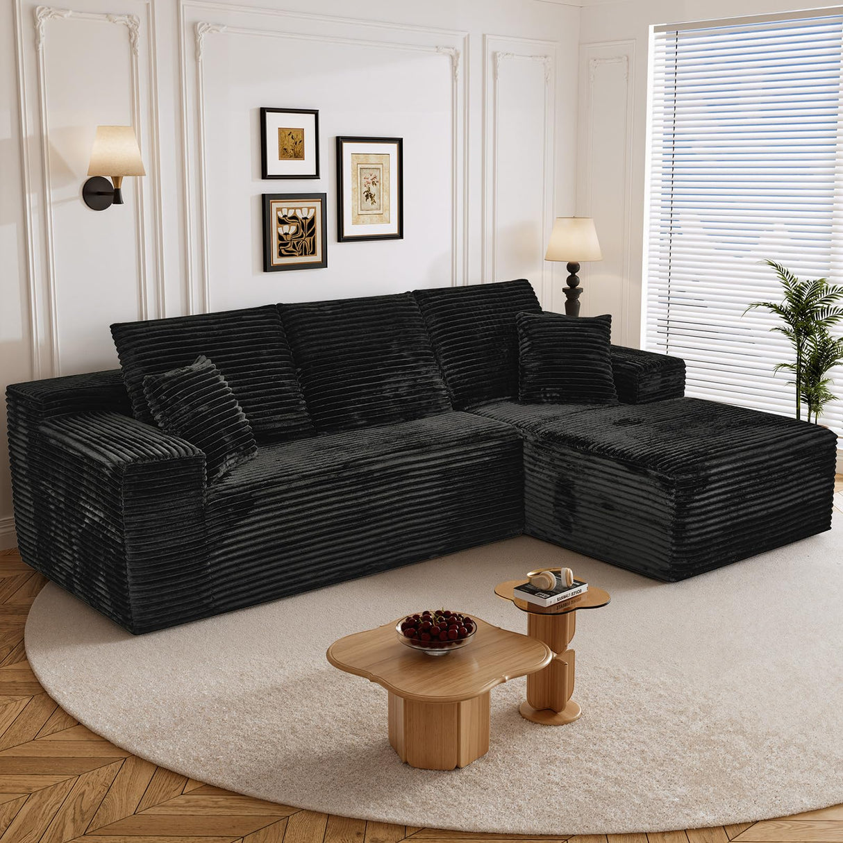 Repantes 108" L Shaped Boneless Sectional Couches for Living Room, Comfy Corduroy Floor Cloud Sofa with Chaise, Wide Armrest, Deep Seat, Memory Foam, Assembly Free, Ideal for Small Spaces, Black Repantes