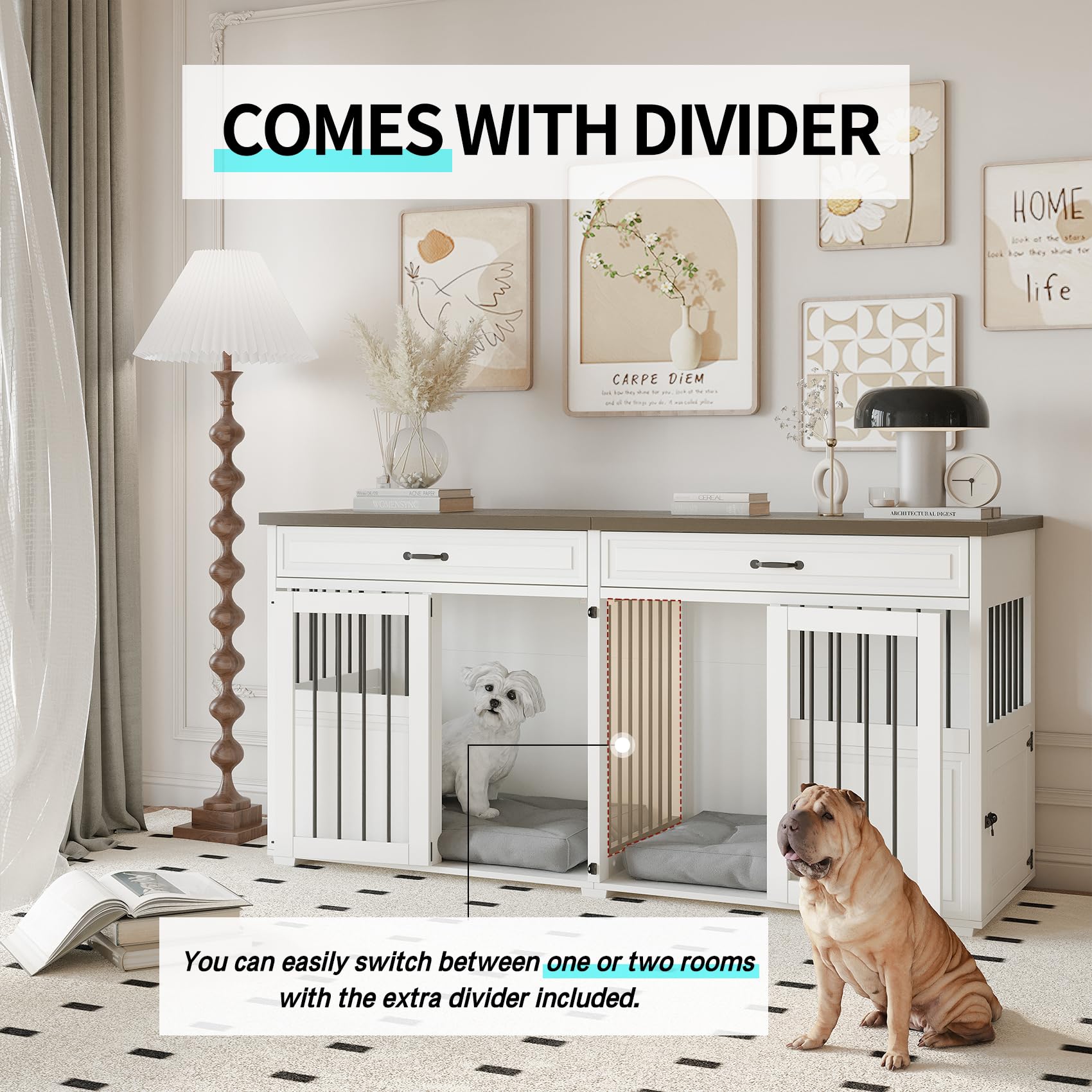 Dog Crate Furniture - Indoor Wood Dog Kennel Furniture 4 Doors with Divider and 2 Drawers - 72" L x 23.6" W x 34.8" H, White - WoodArtSupply