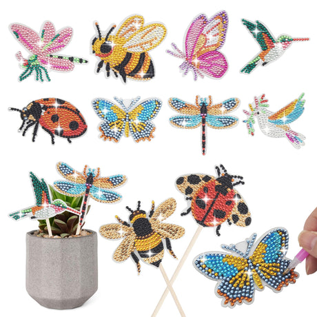 SWATOM 10PCS Diamond Art Kits for Adults for Garden Decor with Butterfly, Hummingbird, Ladybug, Bee, Dragonfly Stakes Diamond Painting Dotz Ornaments Kits for Indoor Outdoor Yard Decoration Crafts SWATOM