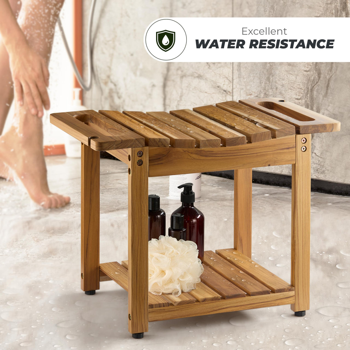 LotusSway Teak Shower Bench Seat with Storage Shelf, Wood Shower Benches for Inside Shower to Sit on, Teak Shower Stool & Spa for Elderly with Shower Head Holder & Built in Handle for Bathroom/Outdoor LotusSway