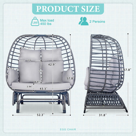 Outdoor Double Egg Chair Patio Chairs - 500lbs Capacity for 2 Person, Oversized Wicker Rocking Glider Chair with Steel Stand, Hand-Woven Lounge Chair Nest Loveseat for Indoor, Porch, Backyard, Balcony Brafab