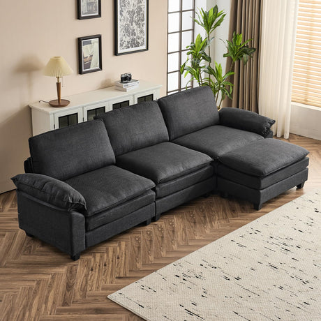 VINGLI 121" Cloud Couch, Comfy Modular Sectional Sofa Set for Living Room,Modern Linen 3-Seat Convertible Loveseat Sofa with 1 Ottoman for Small Space.（Black） VINGLI