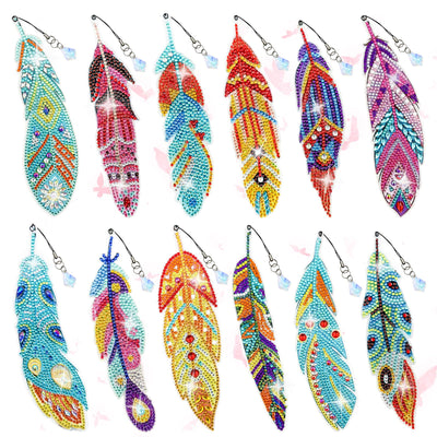 LINGFANG 12 Pcs Diamond Painting Bookmark, Crystal DIY Book Makers for Book Lovers, Diamond Art Beginners, Small Diamond Art Kits with Pendant, Paint by Art Crafts Gift for Women Girls (Feather)