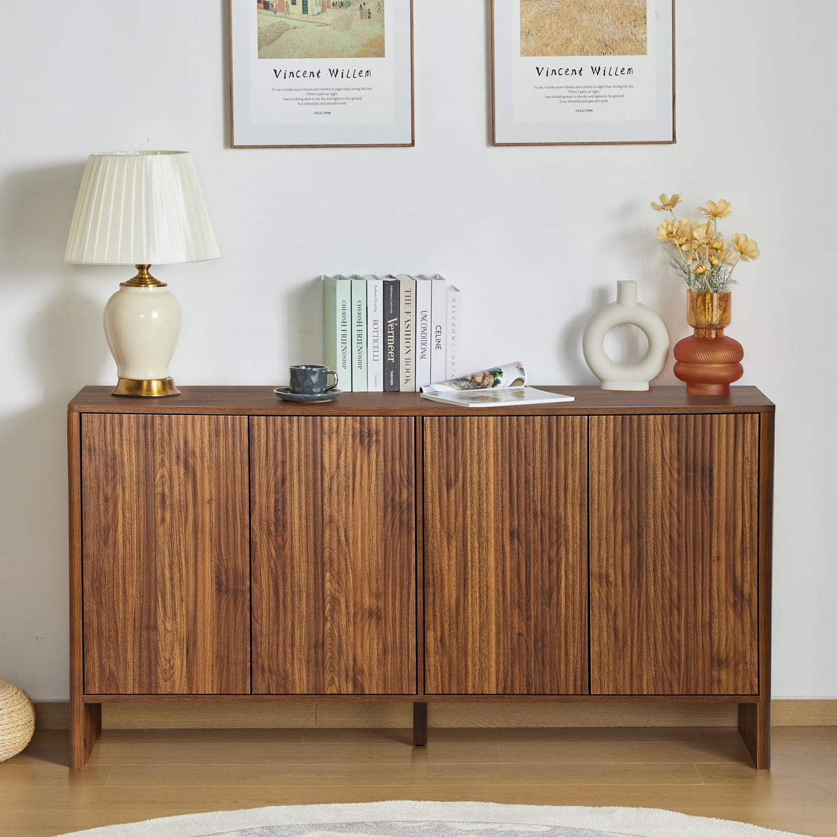 Sideboard Buffets Cabinet, Modern Accent Storage Cabinet with 4 Fluted Doors and Adjustable Shelves, Wood Credenza Buffet Sideboards, Console Table for Kitchen Dining Living Room Entryway (Walnut) XUZENEST