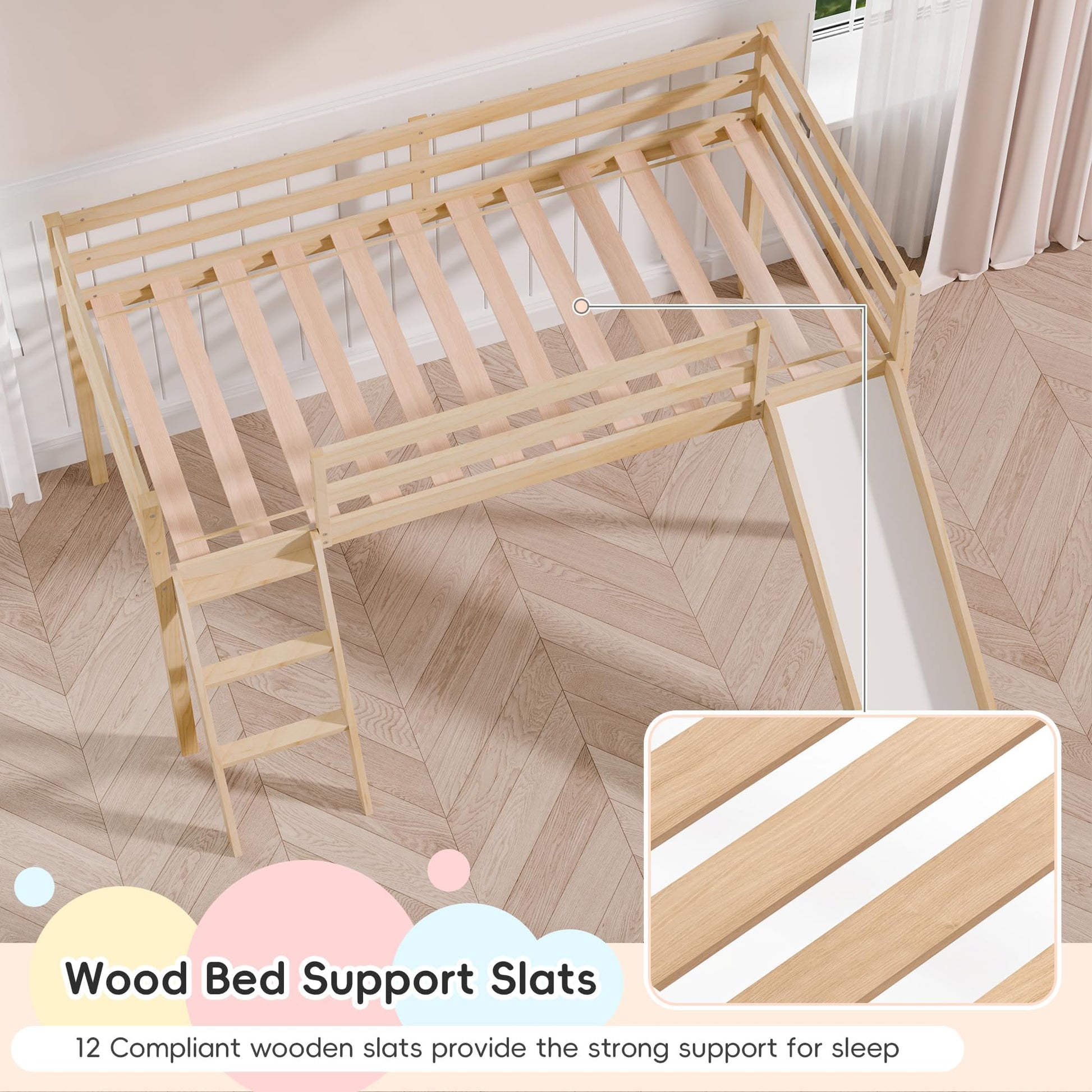 MU Twin Loft Bed with Slide, Climbing Ladder, and Safety Guard Rail in Natural Wood - WoodArtSupply