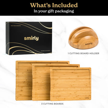 SMIRLY Wood Cutting Boards For Kitchen - Bamboo Cutting Board Set with Holder, Wood Cutting Board Set, Cutting Board Wood, Wooden Chopping Board, - WoodArtSupply