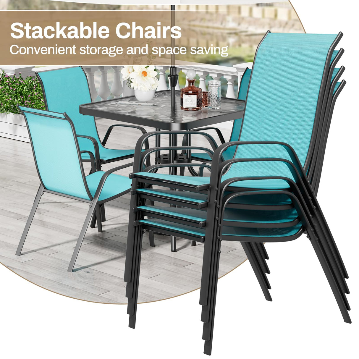 TLSUNNY Patio Dining Set 5 Pieces, All Weather Outdoor Furniture W/30"X 30" Table and 4 Stackable Textilene Chairs, Metal Table and Chairs for Lawn, Garden, Poolside, Backyard (Umbrella not Included) TLSUNNY