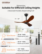 Ceversa 36 Inch Small Ceiling Fan no Light,Wood Ceiling Fan without Light with Remote Control,3 Blades Propeller Walnut Outdoor Ceiling Fan for Patio,Indoor,Living Room,Bedroom,Porch,Farmhouse Ceversa
