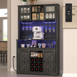 GlouMod Farmhouse Coffee Bar Cabinet with Sliding Barn Door, Buffet Cabinet with Hutch, Kitchen Pantry Cabinet with Power Outlet & Lighting, Tall Liquor Cabinet for Home Dining Room, Black GlouMod